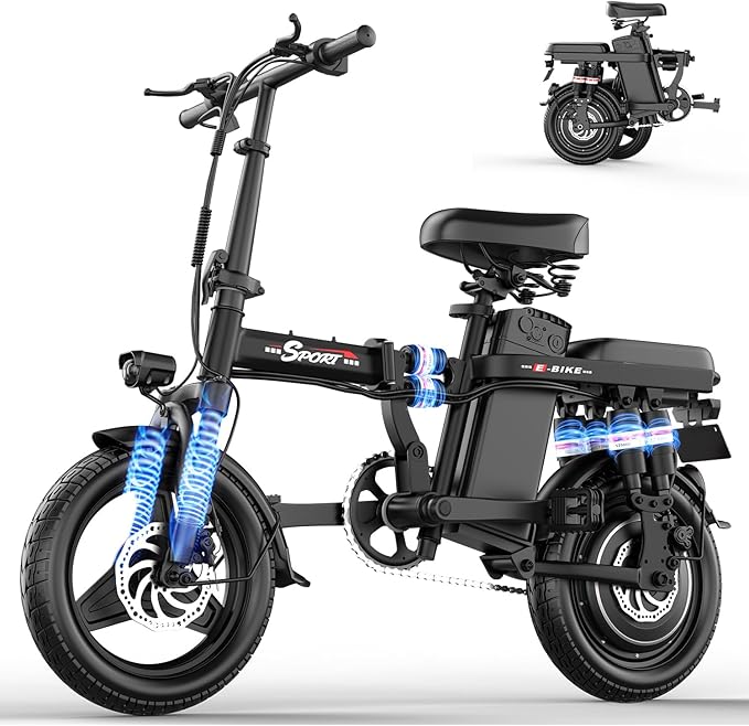 ASKGO Electric Bike for Adults Teens, 800W/1200W Peak Folding Ebike, 22/25MPH, 30-45 Miles Range, E-Bike with Dual Brake & Multi Suspension, 14" Portable Electric Mini Bike for Commuting