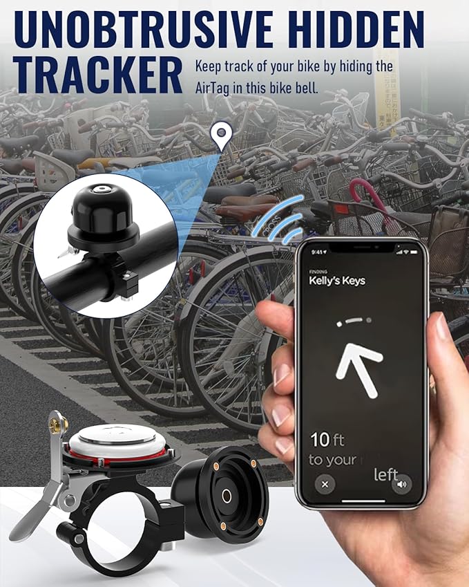 VICTGOAL Bike Bell for Airtag Bike Mount Hidden Holder Anti-Theft Tracker Case Ring Bicycle Bell for Handlebars Adult Mountain Road Bikes