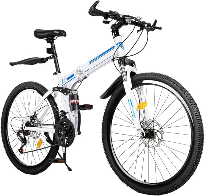 DNYSYSJ 26 Inch Mountain Folding Bike 21 Speed Mountain Bike Folding Bike for Adults, Dual Disc-Brake High Carbon Steel Mountain Bicycle Bike for Men Women - Blue&White