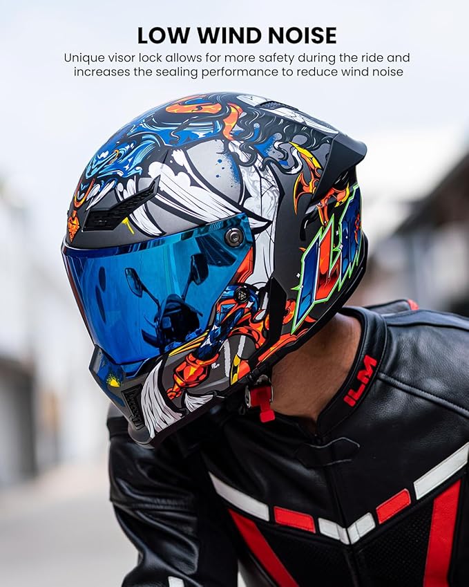 ILM Motorcycle Helmets for Adult Men Women Full Face DOT ECE Powersports Dual Visor Street Racing Helmet with Pinlock Cascos para Motos Model MF509 (Ronin Blue, M)