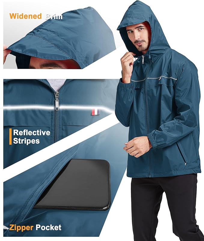 GEEK LIGHTING Rain Jacket Men Lightweight Waterproof Jackets Packable Windbreaker Hooded Raincoat for Golf Cycling Outdoor