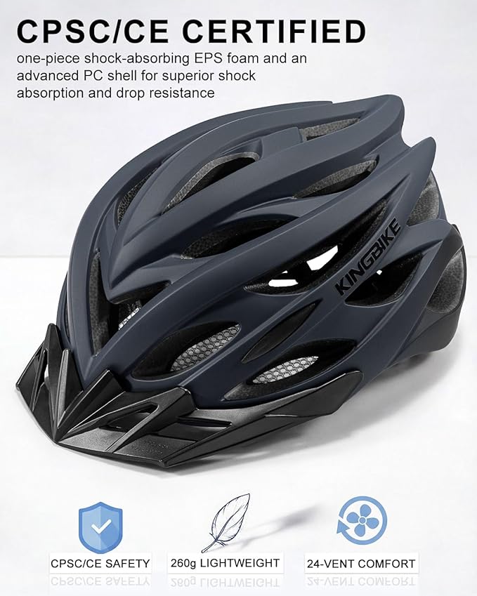 KINGBIKE Bike Helmet for Adult Men Women Youth Road Commute Mountain Cycling Helmets with USB Rechargeable Light Replaceable Padding and Visors Lightweight 20.4-23.6in