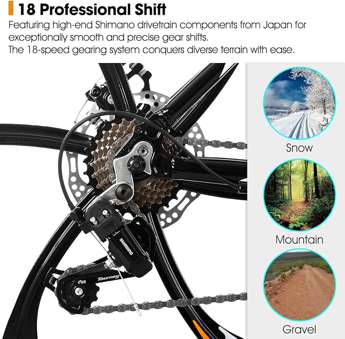 HILAND 26" MTB Mountain Bike for Men Women Adults, 18-Speed, Disc Brake, Lightweight Aluminum Frame, 3/6 Spoke Wheel