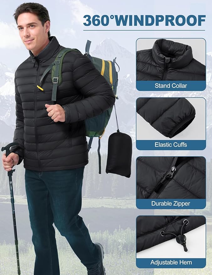 Men's Lightweight Packable Puffer Jacket Insulated Warm Winter Jackets Puffy Coat for Ski Hiking Travel