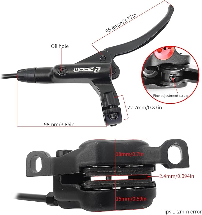 Zoom HB876 Hydraulic Disc Brakes Set, Black, Mountain Bike Left Front 800mm, Adapter Fit EBike Fat Bike Bicycle for Mountain Bike, Road Bike