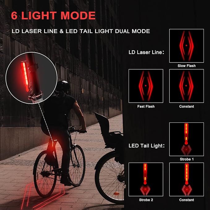 Super Bright Bike Laser Light USB Rechargeable Bike Tail Light Rear and Front Cycling Lights 5 LED 6 Modes Waterproof Mountain Bicycle Light with Safety Warning Lamp for Bicycle Night Riding