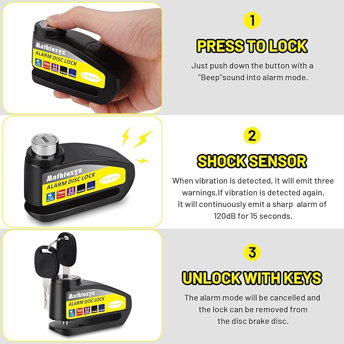 Motorcycle Lock Rechargeable, 120dB Alarm Disc Brake Locks Anti-Theft Security Wheel Disc Lock Waterproof with 5ft Reminder Cable and Carry Pouch for Motorbike Bike Scooter