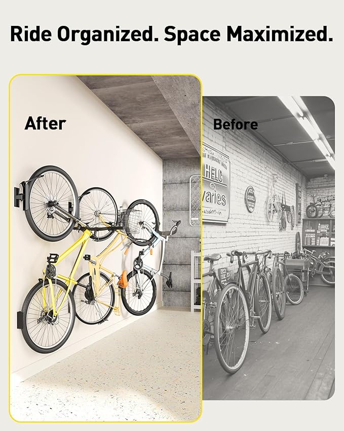 Alphamount AM Swivel Bike Wall Mount, Metal Wall Bike Rack with Durable Sleeves, Space-Saving Vertical Bike Rack with 180° Swivel for Home and Garage, Bike Wall Mount Up to 66 lbs, 4-Pack