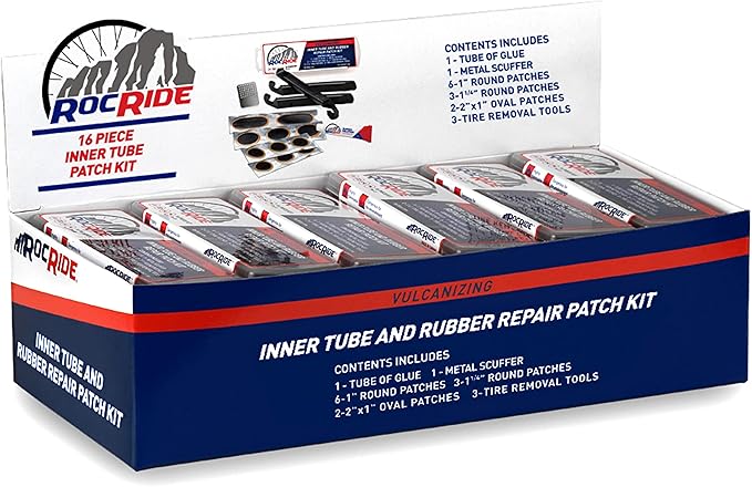RocRide 16-PC Inner Tube Patch Bicycle Repair Kit. Also for Inflatable Dinghies, ATVs, BMX and Motorcycles.