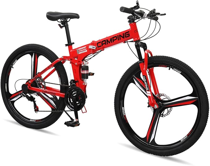 26" Foldable Bike, 21 Speeds Folding Bikes for Adults, Bicycle for Men & Women with Full-Suspension, Double-Walled Tire, Dual Disc Brake, Quick Release and Unique Wheel Look