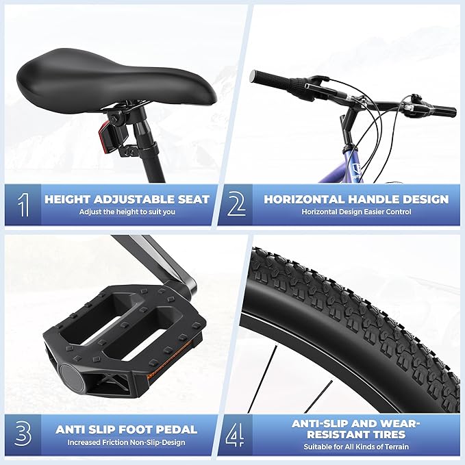 26" Mountain Bike, 7-Speed Lightweight High-Carbon Steel Frame, V Brakes & Front Suspension - Adjustable Ergonomic Seat for Men & Women(Quick Assembly, Multiple Colors)