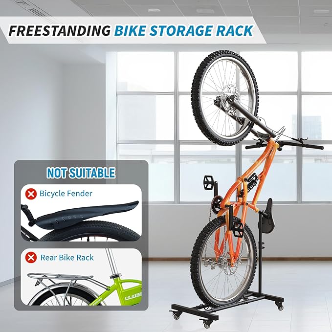 Vertical Bike Stand, Upright Bike Parking Rack Floor, Adjustable Bicycle Storage for Wheels Sizes up to 29", Freestanding Bicycle Organizer with Swivel Casters, Indoor Bike Holder for Garage 2-Pack