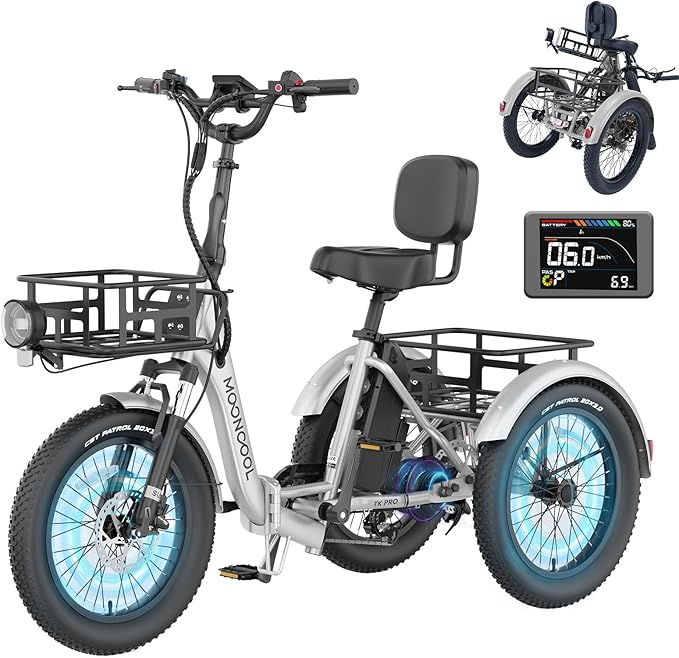 MOONCOOL Electric Trike for Adults, 500W/750W 48V Electric Tricycle for Adults Peak Power 1500W, 20"x3.0" Fat Tire 3 Wheel Electric Bike, Folding Aluminum Adult Tricycle with Removable Battery