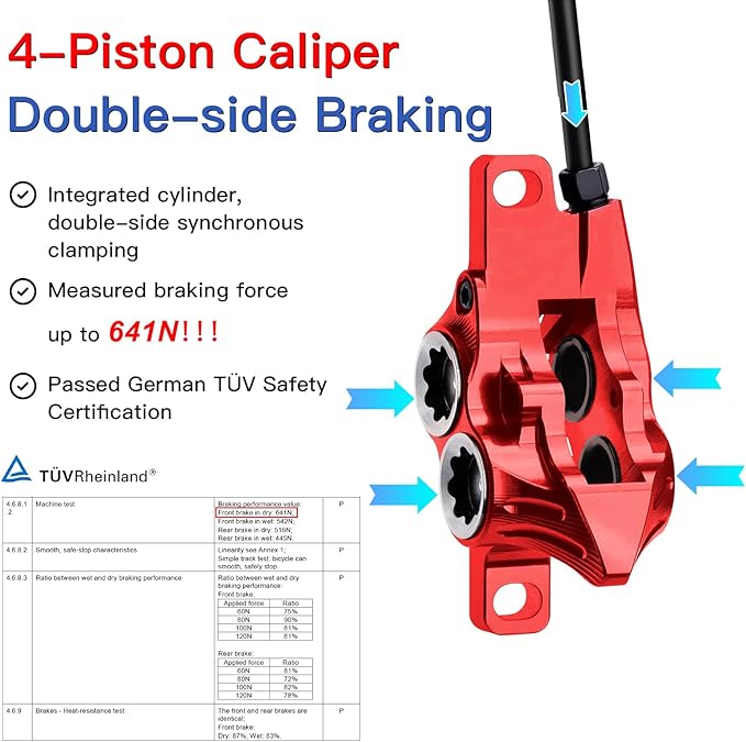 IIIPRO MTB 4 Pistons Hydraulic Disc Brake Set Left Front 800mm Right Rear 1550mm with 160mm Rotors, Mountain Bike Bicycle Disc Brake Kit with Ceramic Brake Pad for eBike, Road Bike, Fat Bike