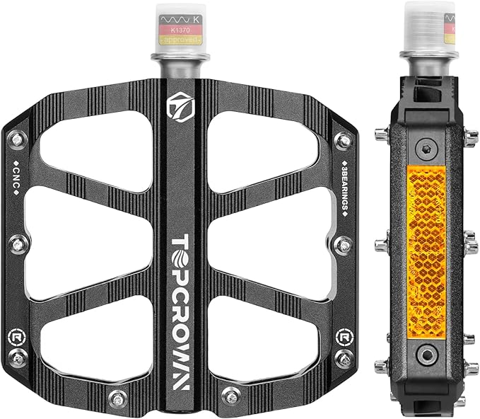 Mountain Bike Pedals with Reflectors, Aluminum Metal Bicycle Flat Pedals 9/16" - 3 Sealed Bearings, Non-Slip Wide Platform with Removable Pins for MTB, Road Bike, BMX, Ebike
