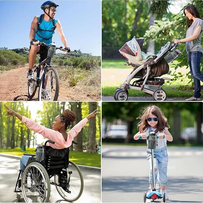 Bike Handlebar Water Bottle Holder, Fits Cups Diameter Less Than 3.6in/9cm, Fits Strollers, Scooters, Wheelchairs, No-Screw Installation,Insulated, with Adjustable Fasteners(2, 1Black+1Gray)