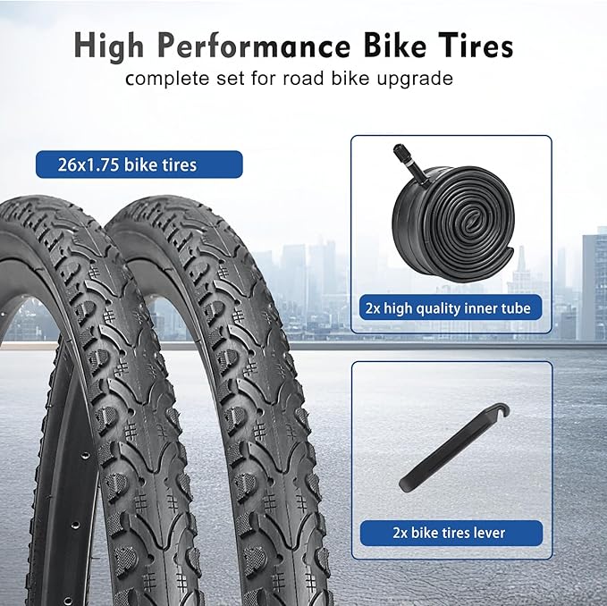 26x1.75 Bike Tires 2PCS, HUIOK 26 Inch Replacement Kits Bicycle Tires with 2 Tubes and 2 Levers