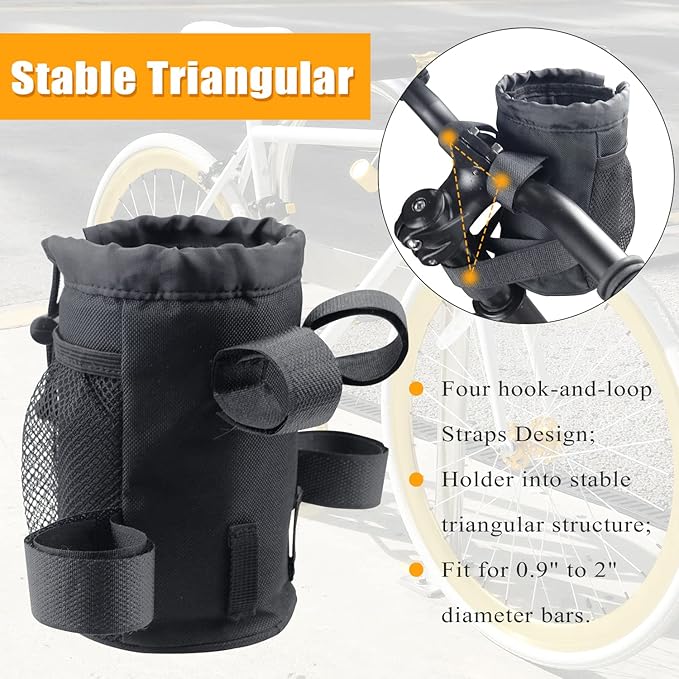 Bike Cup Holder With Mesh Oxford Pocket - Handlebar Water Bottle and Phone Holder for Mountain, Road, e-Bike, Kids Bikes, Wheelchairs, Cruisers