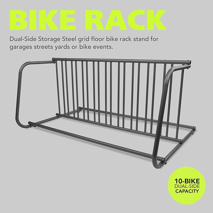 Pearington 10-Bike Floor Rack, Heavy-Duty Dual-Sided Steel Bicycle Storage Stand, Holds 10 Bikes, 59" Wide, Freestanding Organizer for Garages, Events, Streets, and Yards
