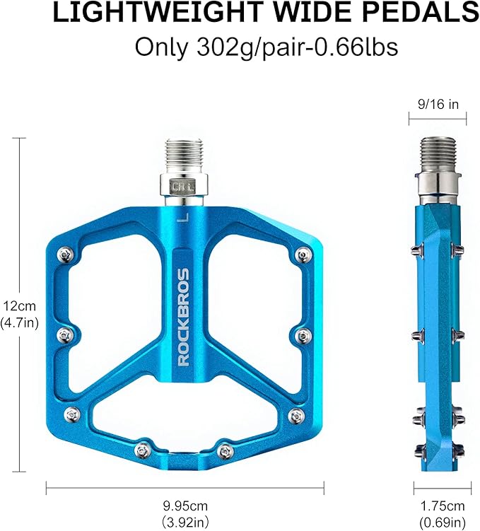 ROCKBROS Mountain Bike Pedals MTB Pedals Bicycle Flat Pedals Aluminum 9/16" Sealed Bearing Lightweight Platform for Road Mountain BMX MTB Bike