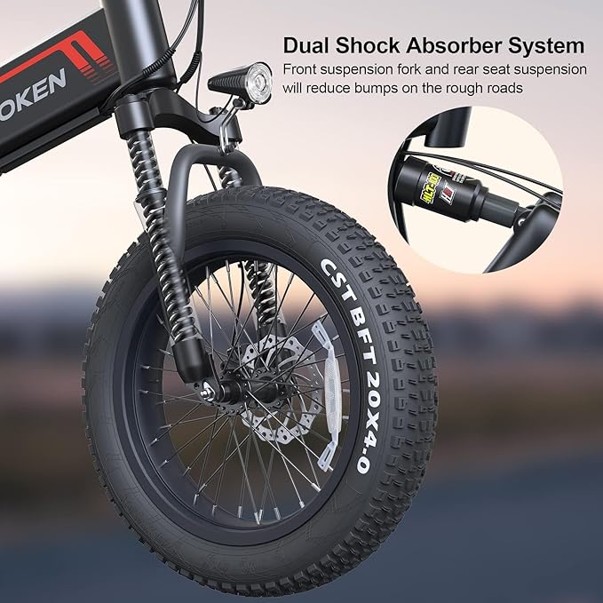 Wooken Electric Bike, 20''X4.0 Fat Tire Electric Bike for Adults,500W(Peak 750W) Foldable Electric Bike with 48V 10Ah Battery,Professional 7 Speed,Shock Absorber, 20MPH Ebike for Mountain Beach Snow