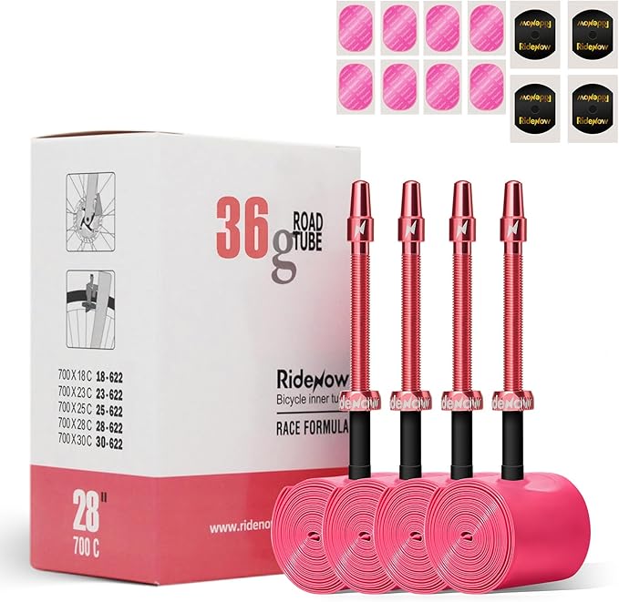 Ridenow 4-Pack Bike Inner Tube for 700/18C-28C, 700/18C-32C with 65/85 mm Metal &TPU Presta Valves for Road Bikes, Super Light Puncture Resistant Bicycle Inner Tube(Include Patch Repair Kits)