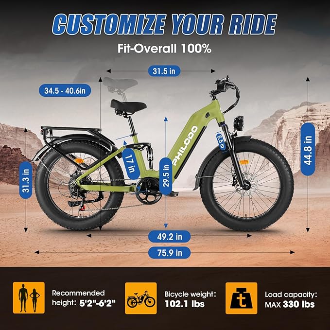 PHILODO Electric-Bike for Adults, Dual-Motor-Ebike Hunting-Ebike 5000W, 60V 32AH Long Range Dirtbike, Fat-Tire-Electric-Bicycle, Full Suspension for Off-Road Snow Sand