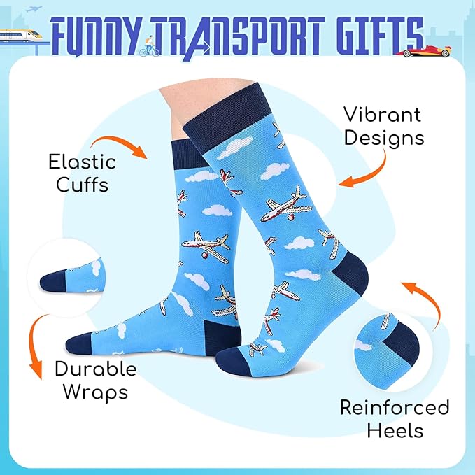 Zmart Transportation Gifts for Men Women - Airplane Cycling Race Car Socks for Adult