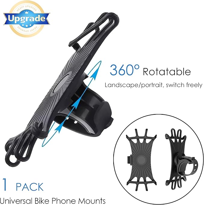 2026 Bike Phone Mount 1 Pack, 360° Rotation Silicone Phone Holders for iPhone and Samsung, for Most Smartphones and Handlebars, Upgraded Universal Bike Cell Phone Holder, Easy Install - Black