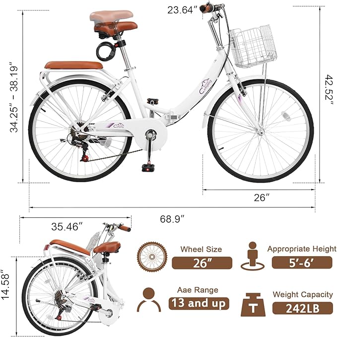 24/26 Inch Foldable Bike Folding Bicycle, 7 Speed Beach Cruiser Bike with Lock, Comfort Back Seat, Foldable Basket & Ergonomic Upright Frame, Cruiser Bicycle for Adults