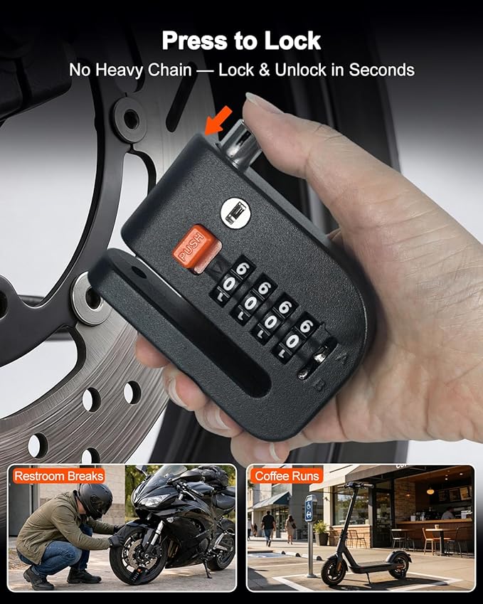 Motorcycle Disc Brake Lock, Motorcycle Locks Anti-Theft High Security 4-Digit Code Wheel Brake Lock Waterproof Alloy with Reminder Cable and Keys for Motorbike, E-Bikes, Scooters, Mountain Bike