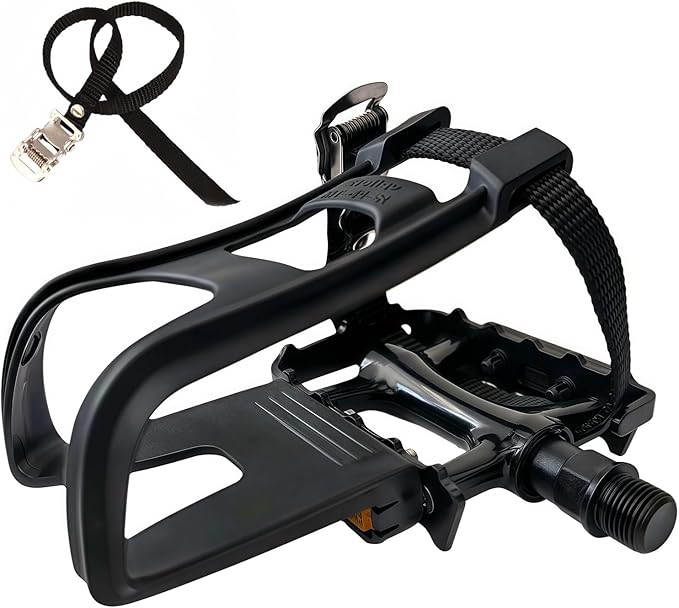 YBEKI All-Terrain Bike Pedals with Toe Clips & Adjustable Straps Dual-Purpose Resin/Alloy Bicycle Pedals 9/16" Spindle - Indoor/Outdoor Use for Exercise/Spin/Road Bikes MTB