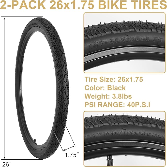 2-Pack 20x1.75 Bike Tire Tube, 20 Inch Mountain Bike Tires & Tubes, Folding Replacement Bicycle Tires with 2 Tire Levers for Hybrid, City Commuter, Urban