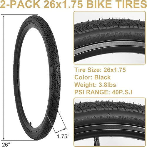 2-Pack 20x1.75 Bike Tire Tube, 20 Inch Mountain Bike Tires & Tubes, Folding Replacement Bicycle Tires with 2 Tire Levers for Hybrid, City Commuter, Urban