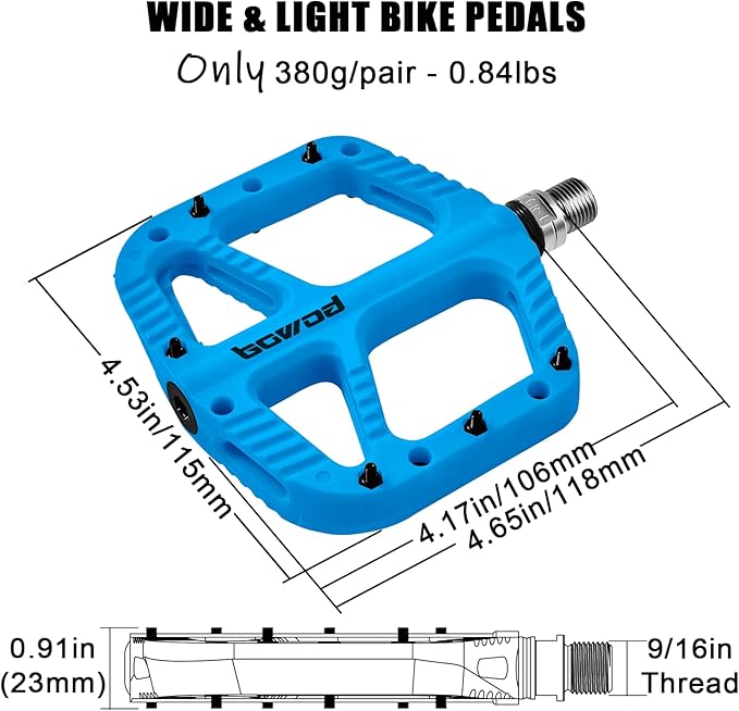 MTB Pedals Flat Mountain Bike Pedals Adult, Light and Wide Nylon Composite Bicycle Platform Pedal w Grippy Pins, 9/16" Cr-Mo Spindle 2 Bearings, Clipless Pedals for BMX Gravel Road E.Bike 9/16"