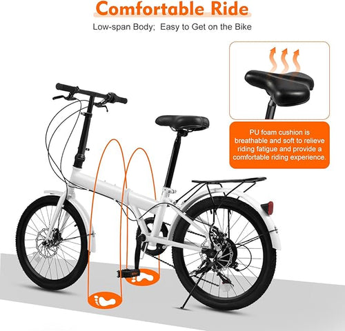 20 Inch Folding Bike, Adult Folding Bike 7 Speed Shifter, Height Adjustable Bicycle for Men & Women