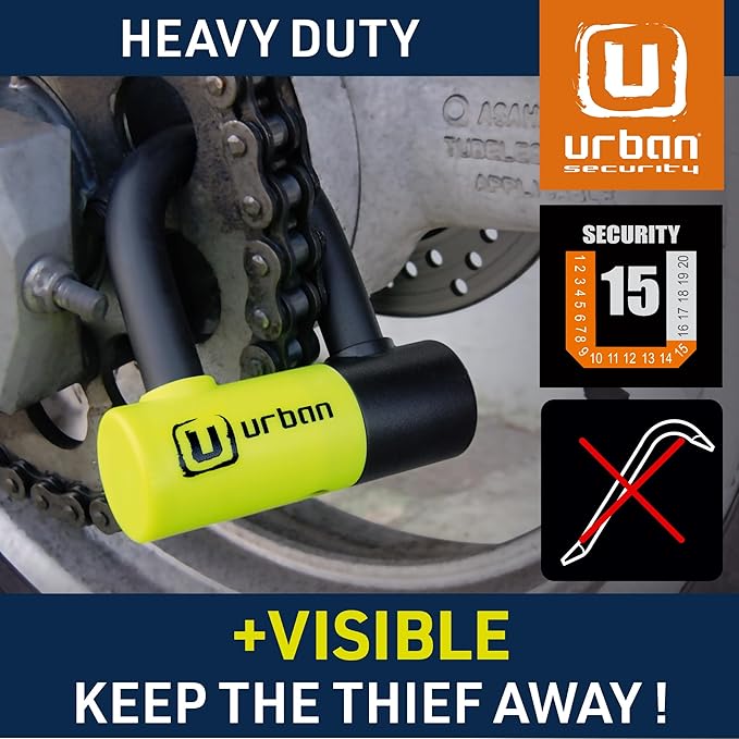 Urban UR59120 Mini U Lock with Chain Loop 120 cm/3.9ft, Dual Function Safer & Lighter for Motorcycle Disc Lock, High Security Double Locking, Universal Anti Theft for Motorcycle, Scooter, Bicycle