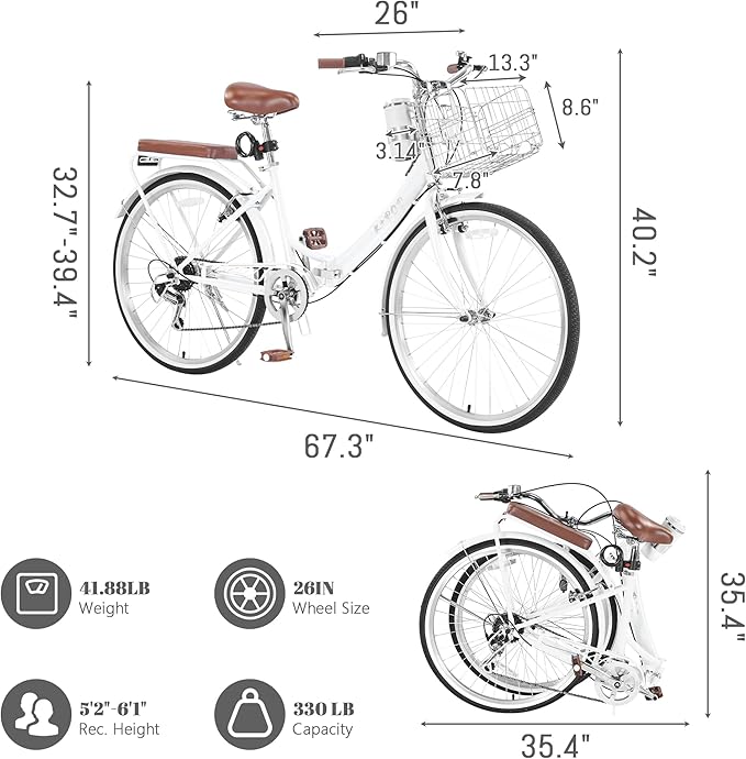 24/26 Inch Foldable Beach Cruiser Bike for Womens, 7 Speed Womens Bike with Basket and Coffee Cup, Commuting Bicycles for Women, Lightweight Complete Cruiser Bikes Bicycle for Ladies Adults