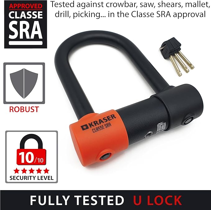 KRASER KR85S Robust U Lock, SRA Approved, High Security Tested, 85X120mm/3.34x4.72in ø18mm/0.7in Double Locking Shackle, Anti-Pick Lock, Anti Theft U Lock for Motorcycle, Scooter, Electric Bike