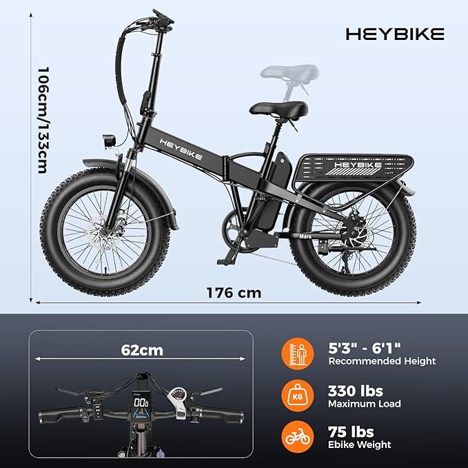 Heybike Mars 2.0/3.0 Foldable Electric Bike, UL2849 Certified, 70+Miles Long Range, 1400W/1800W Peak Motor 32MPH, 624WH Removable Battery, 20"*4 Fat Tire Ebike for Snow, Commute, Full Suspension
