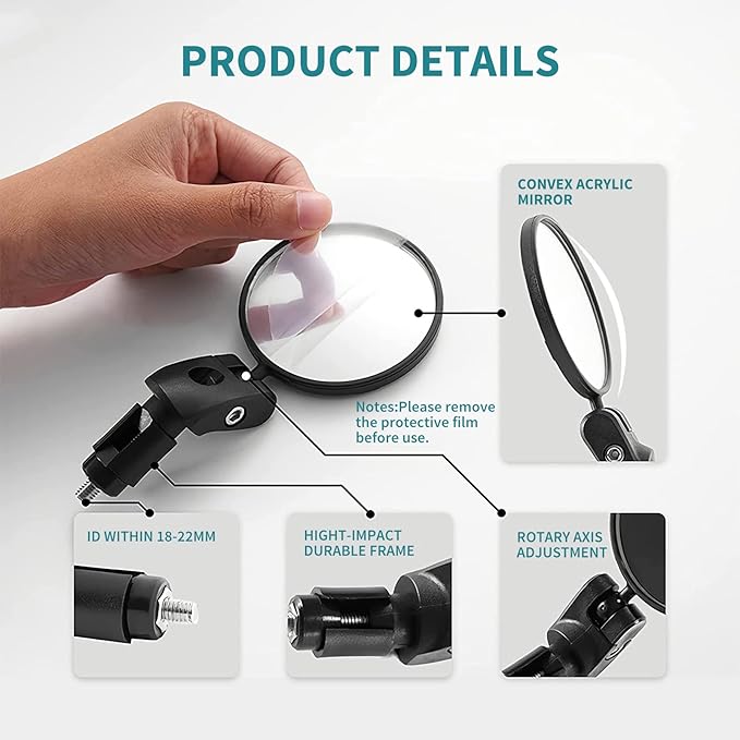 Bike Mirror, 2 Pcs 360˚ Rotatable Bar End Bicycle Mirrors for Handlebars, Wide Angle Convex Bike Mirrors Handlebar Rearview Mirror Bike Mirrors for Handlebar End Mount Mountain Road Adult Bike Cycling