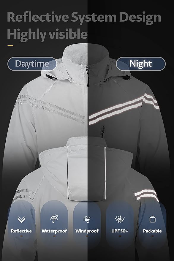 CREATMO US Men's Packable Waterproof Running Rain Coats Reflective Cycling Jacket Windbreaker With Removable Hood