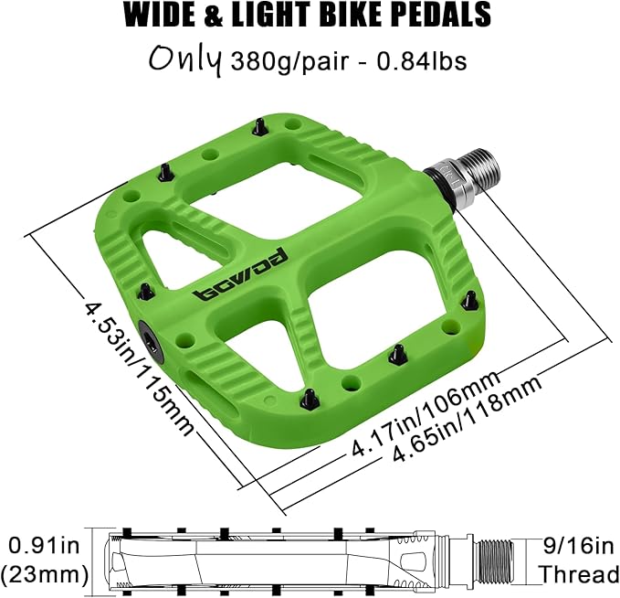 MTB Pedals Flat Mountain Bike Pedals Adult, Light and Wide Nylon Composite Bicycle Platform Pedal w Grippy Pins, 9/16" Cr-Mo Spindle 2 Bearings, Clipless Pedals for BMX Gravel Road E.Bike 9/16"