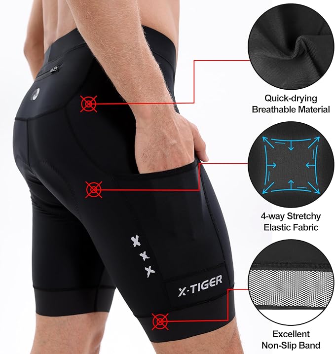 X-TIGER Bike Shorts for Men Padded Anti-Slip Leg Cycling Shorts with Zipper Pockets Mountain Bicycle Riding Road Biking