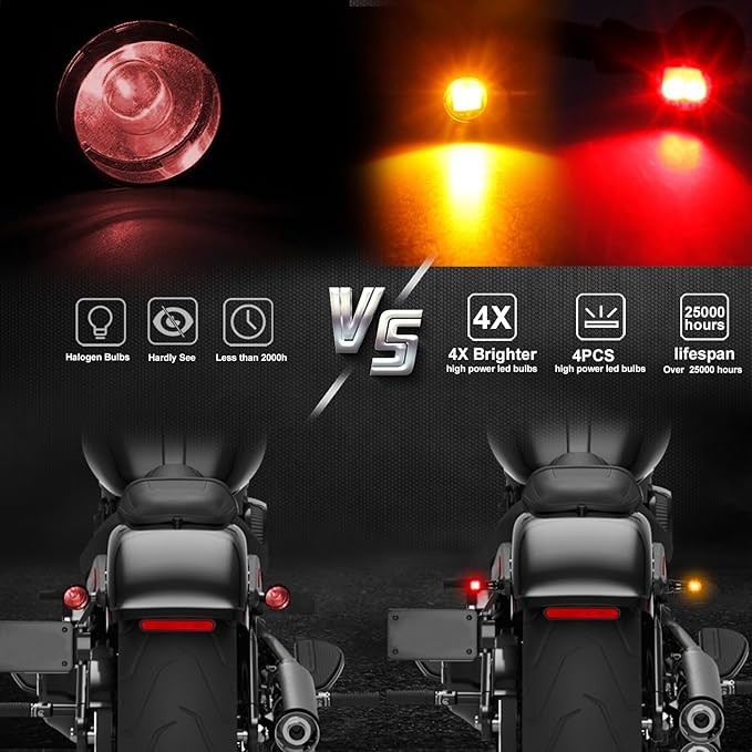 NTHREEAUTO Universal Motorcycle Turn Signals, Front Rear LED Turn Signal Lights Mini Blinkers Brake Tail Light Kit Compatible with Harley Davidson Honda Suzuki Triumph Yamaha - 4 PCS