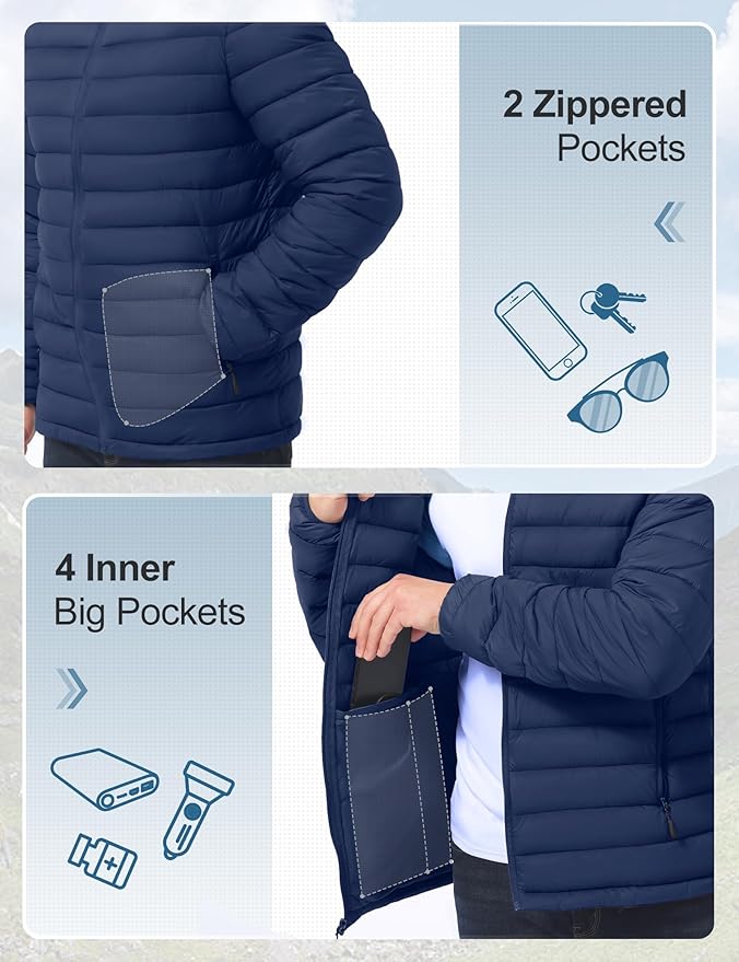 Men's Lightweight Packable Puffer Jacket Insulated Warm Winter Jackets Puffy Coat for Ski Hiking Travel