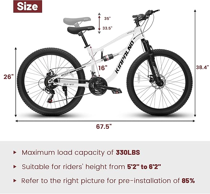 24/26/27.5 Inch Wheel Mountain Bike, 21 Speed MTB Bike with Full Suspension, Steel Frame and Dual Disc Brakes, Adult Mens Outdoor Cycling Mountain Bicycle