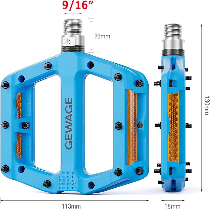 Mountain Bike Pedals 9/16 Inch - Bicycle Flat Pedals with Reflectors - Lightweight Nylon Fiber Wide Platform Pedals for Mountain Bike, BMX, Road Bike Pedals