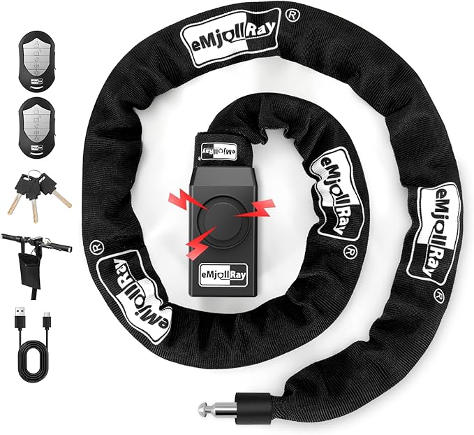 Bike Chain Lock with Alarm 8mm x 4ft E Scooter Lock Anti-Theft Alarm 110dB Security Heavy Duty with USB C Cable and 3 Keys for Bike/E Scooter/Motorcycle