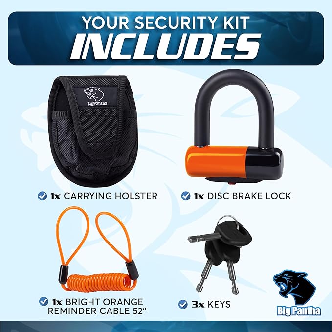Anti Theft Motorcycle Disc Lock - Heavy Duty Bike Lock with Reminder Cable & Carry Pouch - Universal Fit Disc Brake Lock for Motorbikes, Scooters, and Mopeds (Orange)